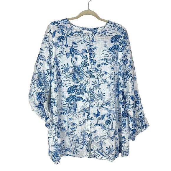 Nicole Miller Blouse Tunic 1X Blue White Linen Floral Long Sleeve Button Toile - Picture 1 of 16
